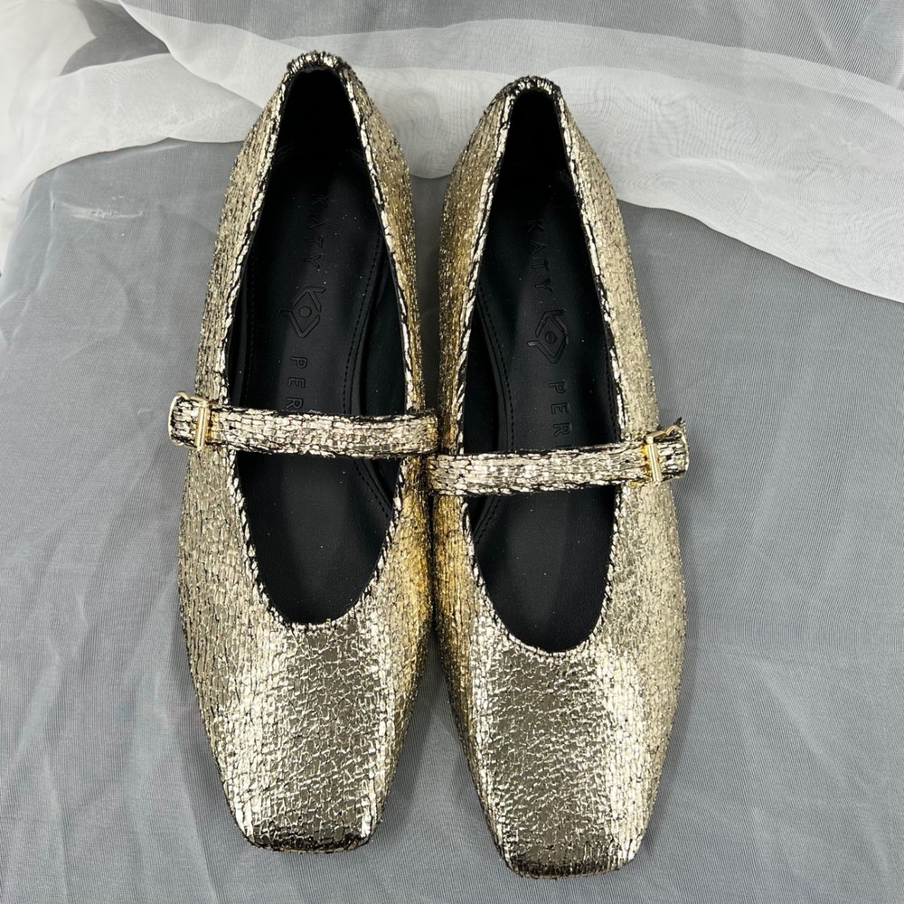Katy Perry Mary Jane Flats Womens Gold Metallic Crackle Square Toe Buckle Strap